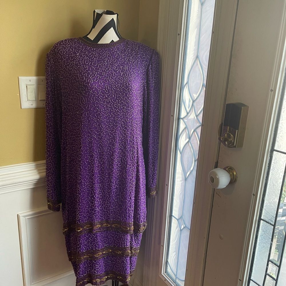 Vintage Carina 100% Silk Purple and Gold  Beaded Formal Midi dress  Size XL